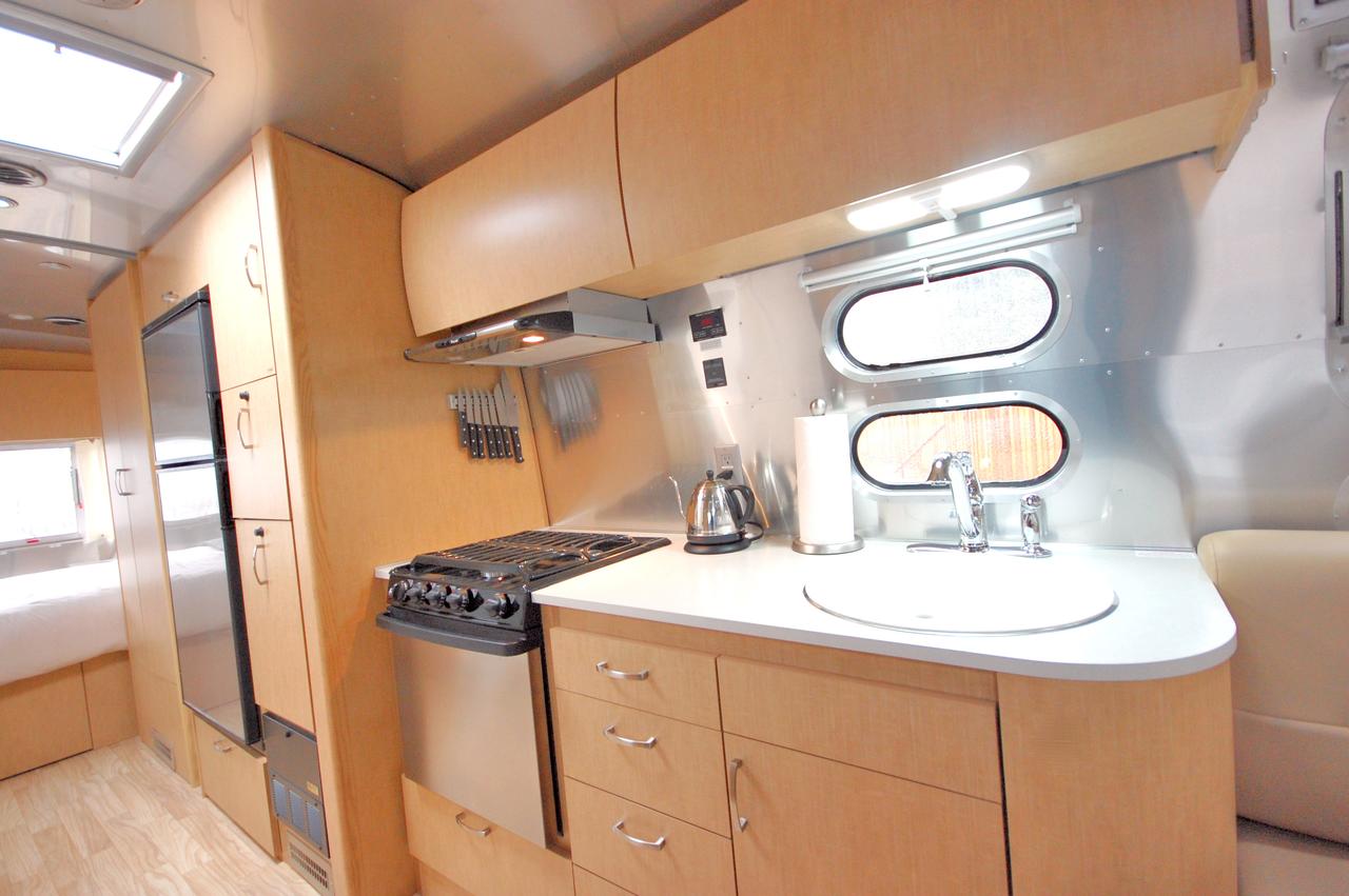 A kitchen in one of the airstreams at Hart's Camp in Pacific City, Oregon. 